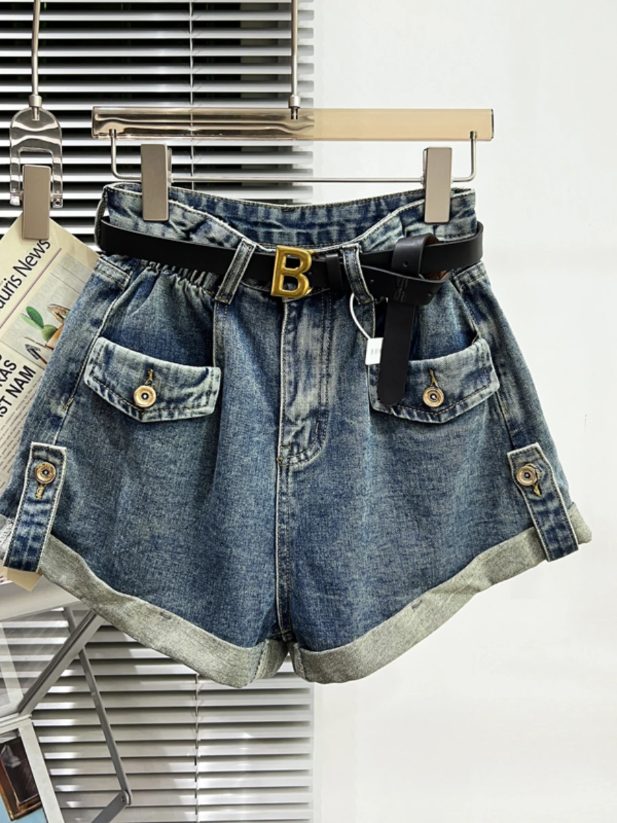 Letter B Belt Curling Wide Leg Shorts Women 2023 New Spring Summer Loose Pockets Denim Shorts Female Pantalones Cortos De Mujer