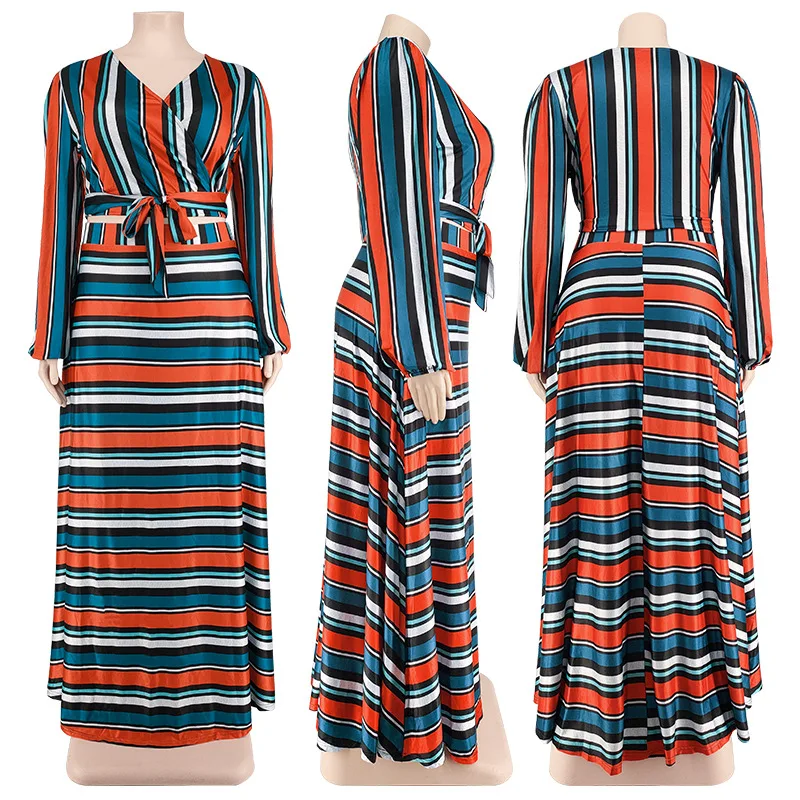 Plus Size Two Piece Dress Striped Bandage Tops And Skirts Female Luxury Party Dress Korean Style Outfit 2023 Spring Casual Sets
