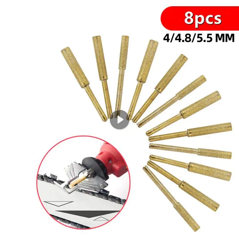 

8PCS Chainsaw Sharpener Chainsaw Drill Bits Gold Diamond Coated Cylindrical Burr 4/4.8/5.5mm Chain Saw Sharpening Grinding Tools