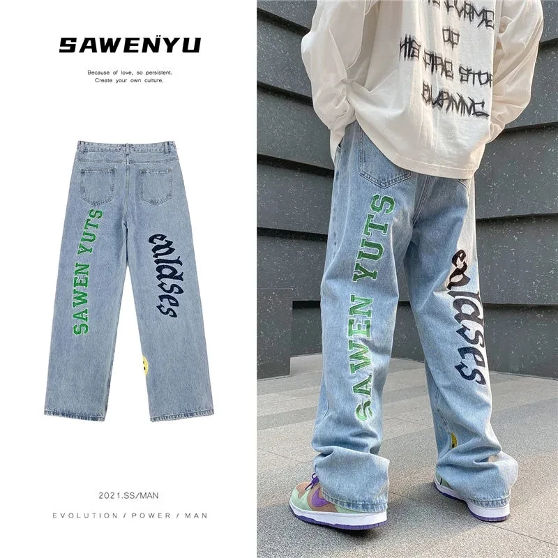 Hip Hop Fashion Trends Letter Printing Jeans For Men High Street Blue Black Jeans Homme Loose Straight Hearts Pants Moto Trouse