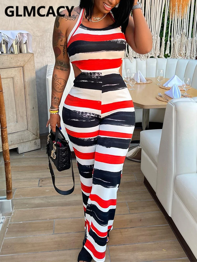 Женские полосатые облегающие комбинезоны с лямкой на шее и открытой спиной