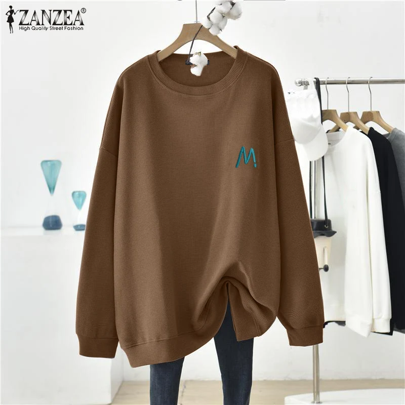 

Женские толстовки в стиле Харадзюку, весна 2022, Повседневный Женский однотонный Свободный пуловер ZANZEA большого размера с вышивкой и длинным ...