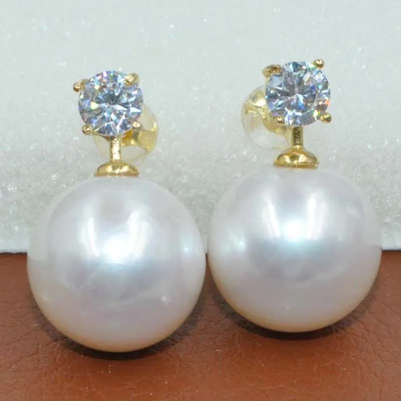 

Huge 13.4-13.5mm round white real pearl studs earring s925 silver A170