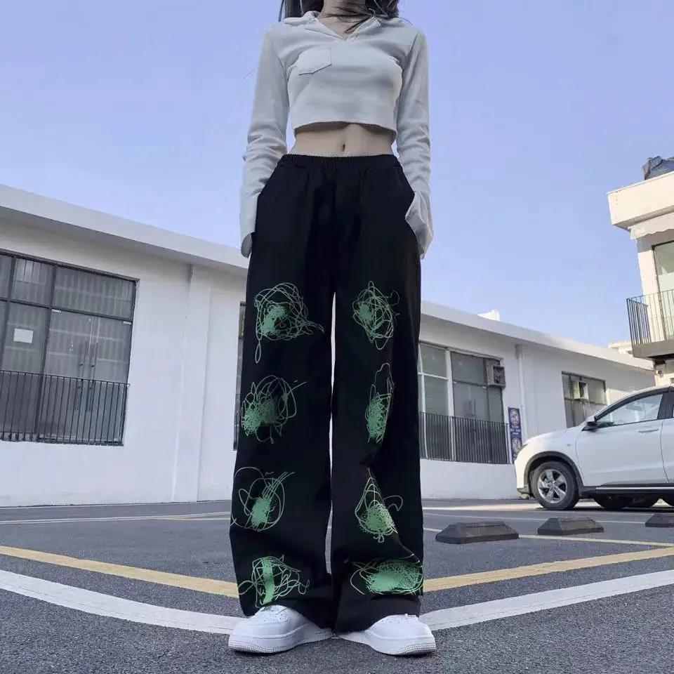 

Retro Tie Dye Print Straight Baggy Pants Brown High Waist Loose Sweatpants Hip-hop Straight-leg pants Y2K Cool Casual Trousers