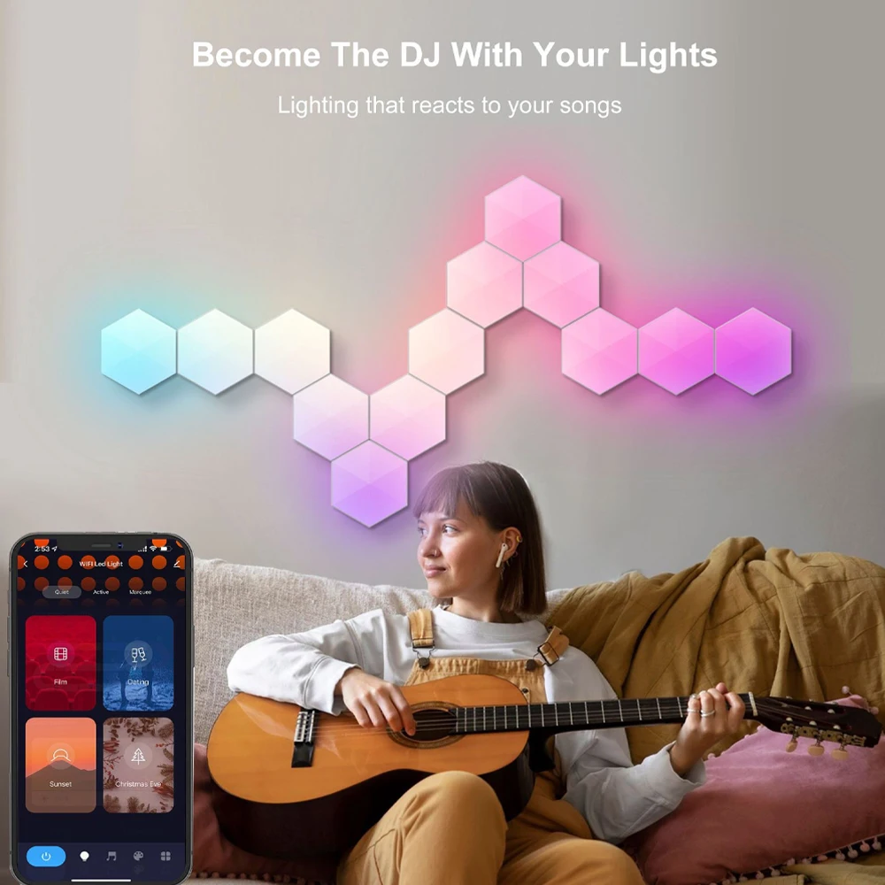 RGBIC Smart Light Board Hexagonal Lamp Indoor Atmosphere Wall Lamp Voice Control APP Night Light Game Room Bedroom Decoration