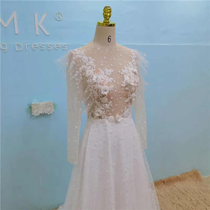 UMK Sexy Illusion Bohemia Wedding Dress Long Sleeve Dot Tulle Appliques Beading Beach Bridal Gowns | Свадьбы и торжества