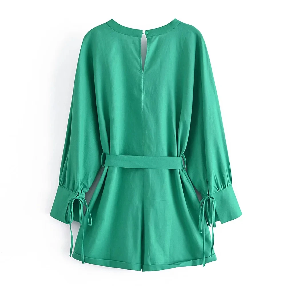 Withered  Loose Sashes Sexy Playsuits Women Summer 2022 Ins Fashion Blogger Retro Linen V-neck  Beach Paysuits Women