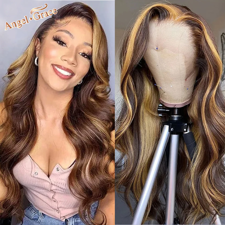 

13x4 Ombre Highlight Lace Front Human Hair Wig 4/27 Colorful Blonde Pre Plucked Brazilian Body Wave Wigs For Women Angel Grace