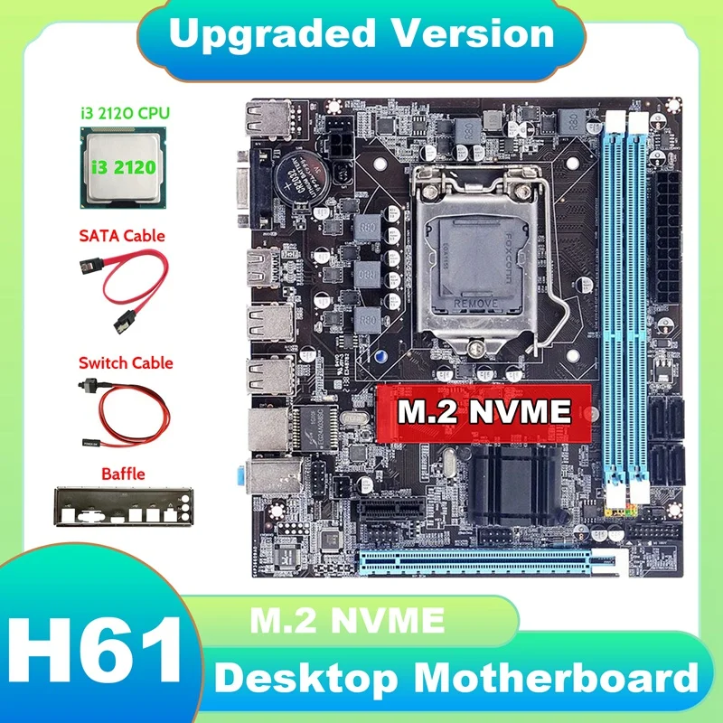 

H61 Motherboard+I3 2120 CPU+SATA Cable+Switch Cable+Baffle LGA1155 M.2 NVME DDR3 For Office For PUBG CF LOL Motherboard