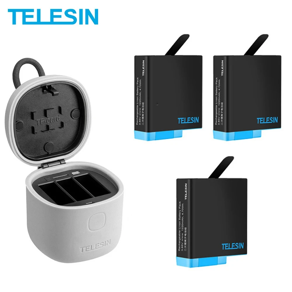 

TELESIN 1220mAh Battery 3 Slots LED Light Fast Charger TF Card Reader Storage Charging Box for GoPro Hero 8 7 6 5 Black