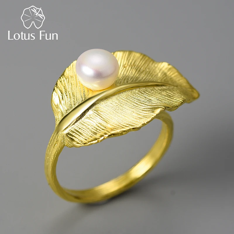 Lotus Fun 18K Gold Natural Pearl Adjustable Wedding New Leaf Rings for Women Real 925 Sterling Silver Fine Luxury Jewelry 2022