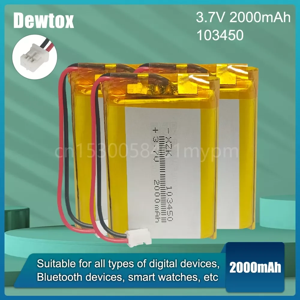 

103450 3.7V 2000mAh Polymer Lithium Rechargeable Battery jst PH 2.0mm 2pin plug for Camera GPS navigator MP5 Bluetooth Headset