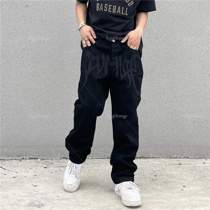 

Hip Hop Alt Denim Pants Male Y2K Emo Men's Fashion Black Streetwear Embroidered Low Rise Baggy Jeans Trousers Straight