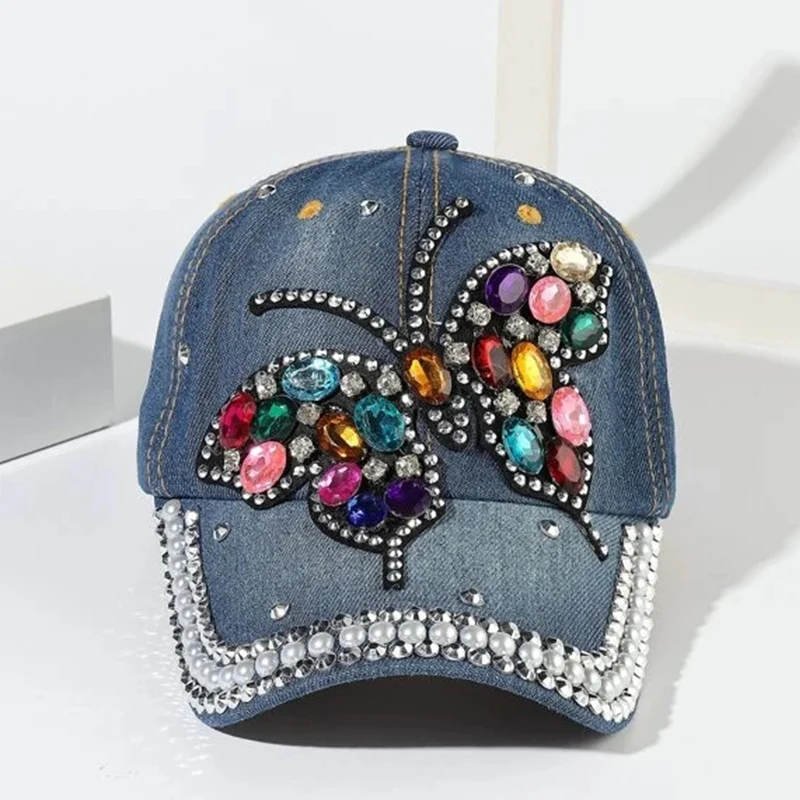 

2022 Fashion New Women Baseball Cap Butterfly Diamond Denim Peaked Cap Fashion Versatile Outdoor Casual Sunshade Sunscreen Cap
