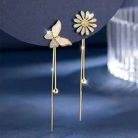 trend long tassel butterfly earrings for women s925 charm shiny asymmetrical flower ear studs pendant ear line girl jewelry gift
