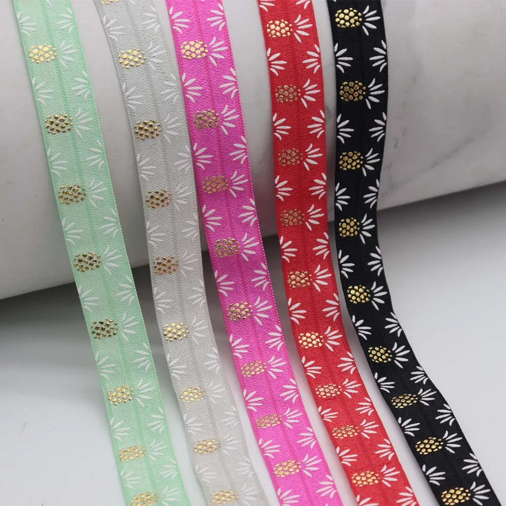 

High Quality 5/8'' 15MM Ink Gold Foil Pineapple Fold Over Elastic FOE Ribbon For Hair Tie Headwear Summer Hair Accessories