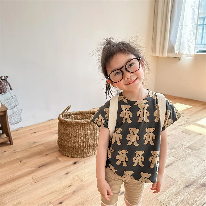 

2023 Summer Kids short sleeve Tee cartoon bear loose Tops Girls Boys cotton Tees