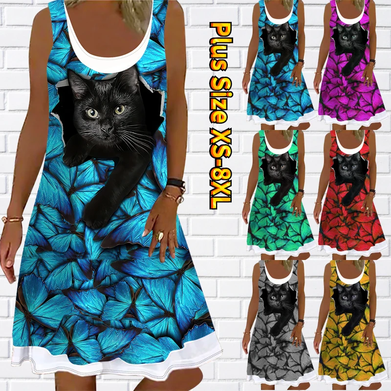 

2022 Summer Women 3D Cute Cat Dress Women's Sleeveless Midi Skirt Round Collar Loose Size Party Dress Stylish Casual Sundress