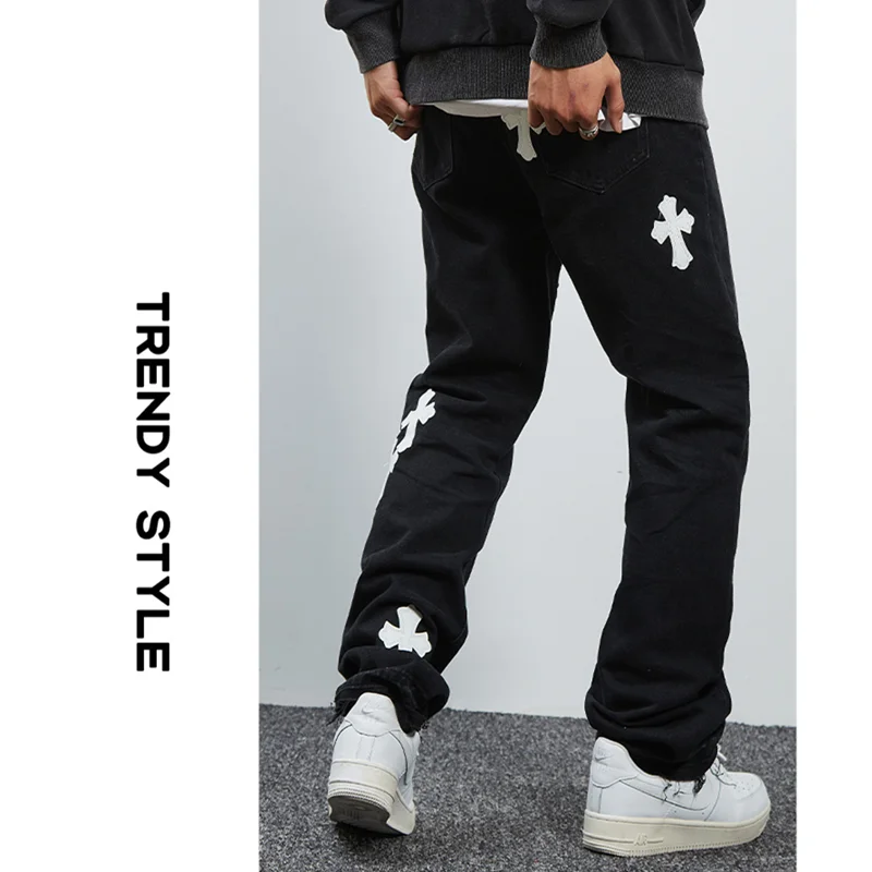 Streetwear Men New Vintage Cross Leather Patch Recreational Black Jeans Loose Straight Cylinder Broad Leg Trousers Autumn Women