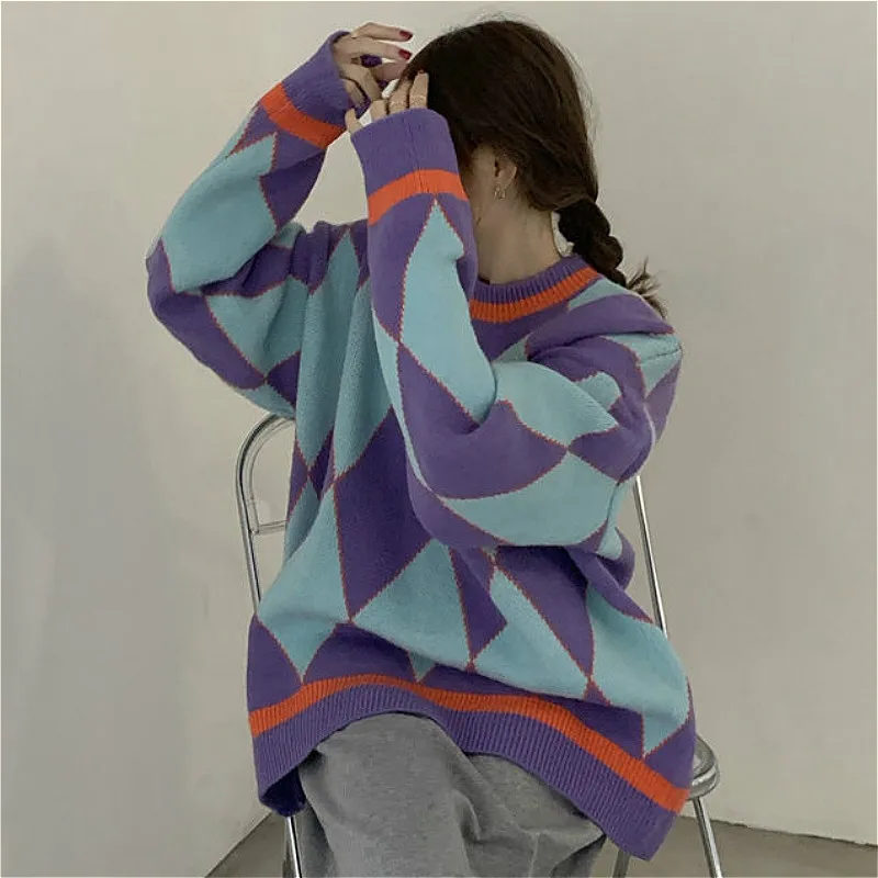 

Sweaters Women Autumn Knitted Long Sleeve Pullovers Leisure Loose Patchwork Warm Thickening Popular Trendy Daily Ulzzang O-Neck