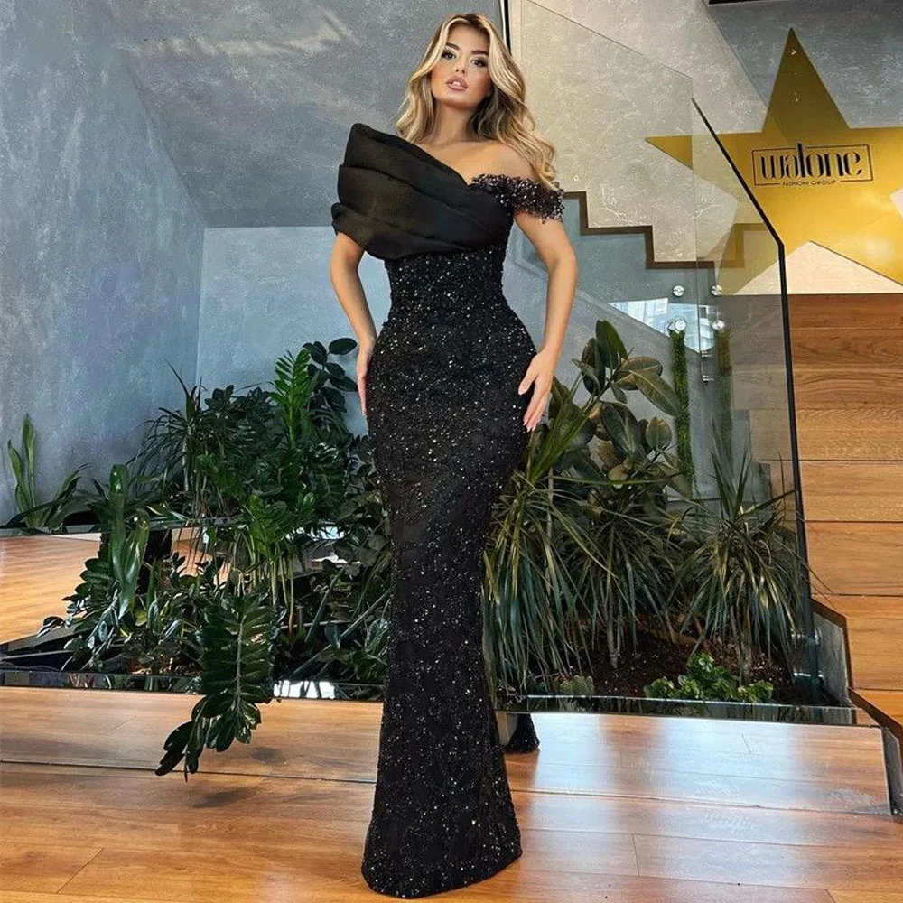 

Sparkly Black Sequin Prom Dresses Off the Shoulder Straight Evening Gown Floor Length Arabic Dubai Abendkleider Vestidos