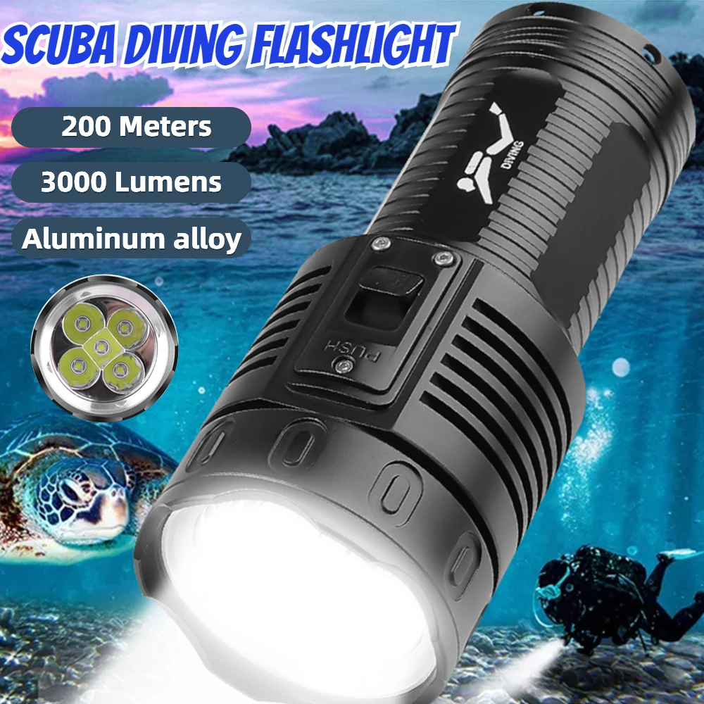 

LED Super Bright Diving Flashlight 4 Modes 3000LM Underwater Scuba Diving Torch IPX8 Waterproof Battery Powered for Underwater