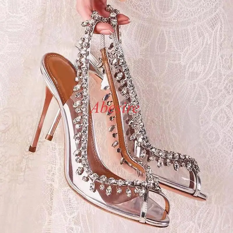 

Rhinestone Glitter Fish Mouth Hot Sale Design Pvc Stilettos Banquet Wedding Ladies Open Toe Slingback