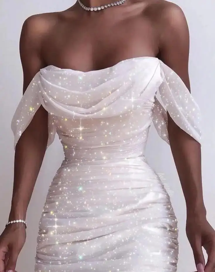 

Chic Sequin Party Dress Women Off Shoulder Ruched Design Fashion Contrast Paneled Short Sleeve Skinny Midi Sexywomen's Dresses