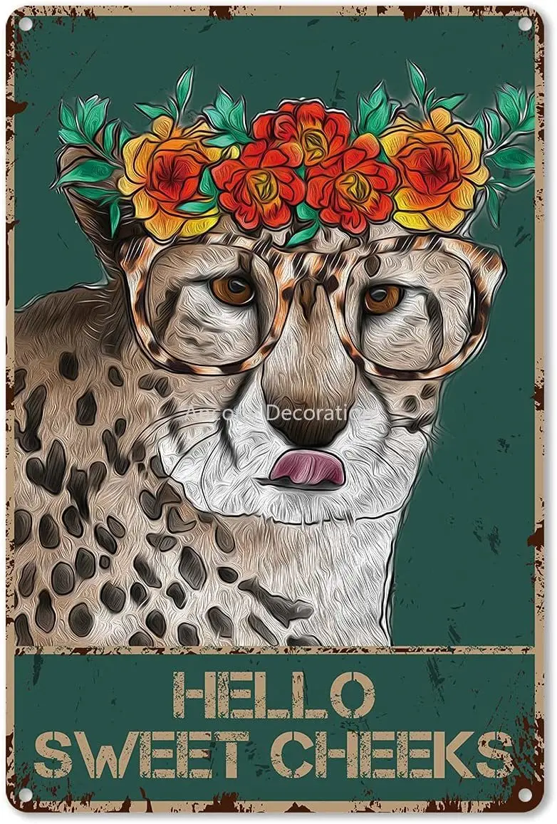 

Funny Bathroom Quote Metal Tin Sign Wall Decor Vintage Hello Sweet Cheeks Leopard Crown for Toilet Bathroom Washroom Decor