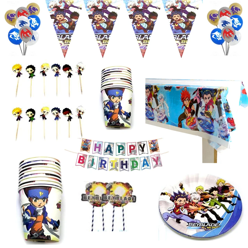 

87pcs/lot Birthday Beyblade Burst Plates Boys Favors Cups Tablecloth Latex balloon Birthday Party Decorations Cupcake Toppers