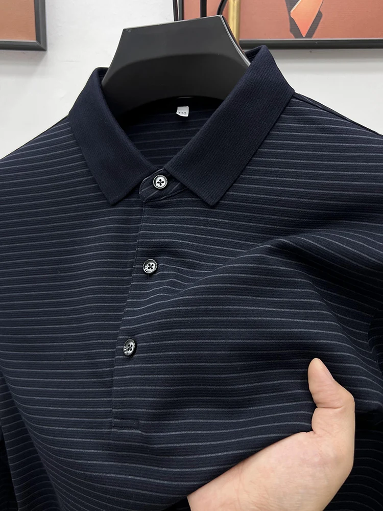 High-End T-shirt with Fleece Long sleeves Shirt Men's Lapel Middle-Aged Thin Stripe Plus size Autumn and Winter Daddy Clothes...