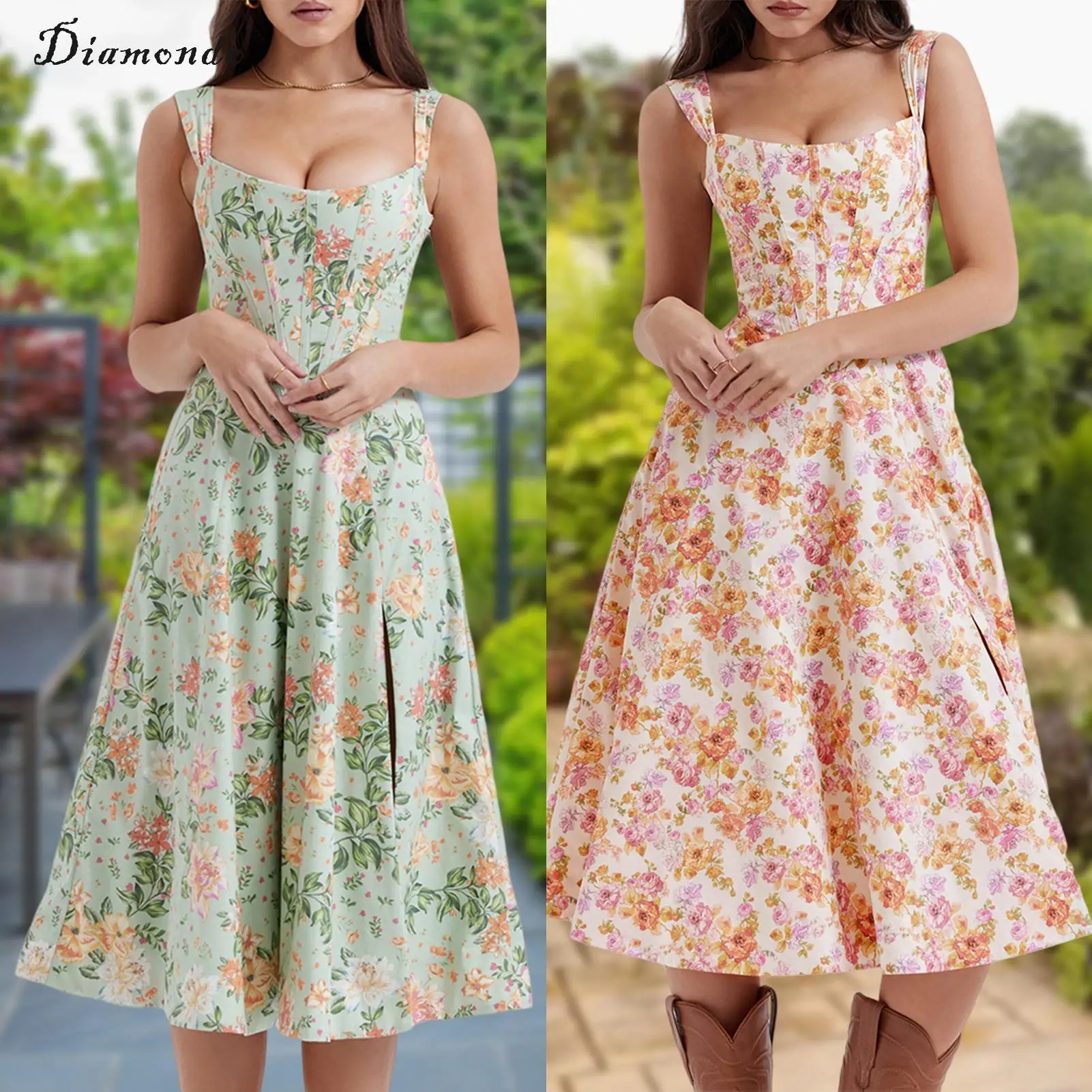 

Ladies Elegant Maxi Dress Sleeveless Floral Print Waisted Tunic Dress Boho Style Sexy Pastoral Style Cocktail Party Outfit