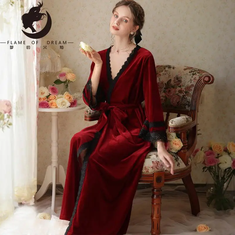 

Flame Of Dream Long Sleeve Fall Winter Gold Velvet Robe Plus Velvet Long Home Clothing 2321