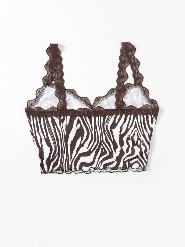 Майка женская с V-образным вырезом модный пикантный топ принтом зебры кружевной