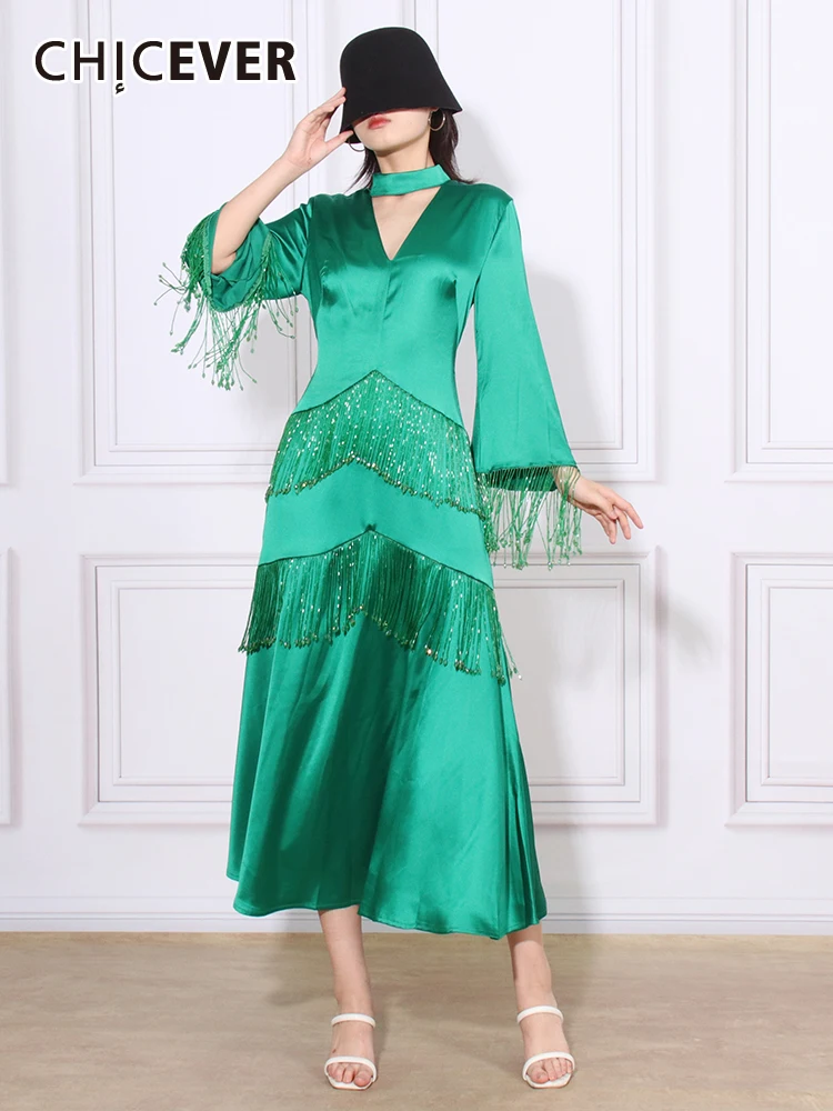 

Женское платье с кисточками CHICEVER, Осеннее однотонное платье с длинным рукавом и воротником-стойкой, с высокой талией