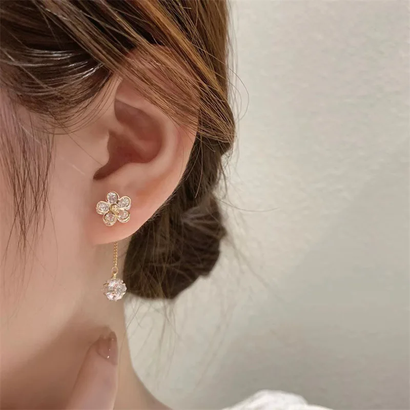 

Shinning Zircon Flower Ball Korean Long Earrings For Women Lady 2022 New Chic Jewelry Simple Front And Back Earings Wholesale