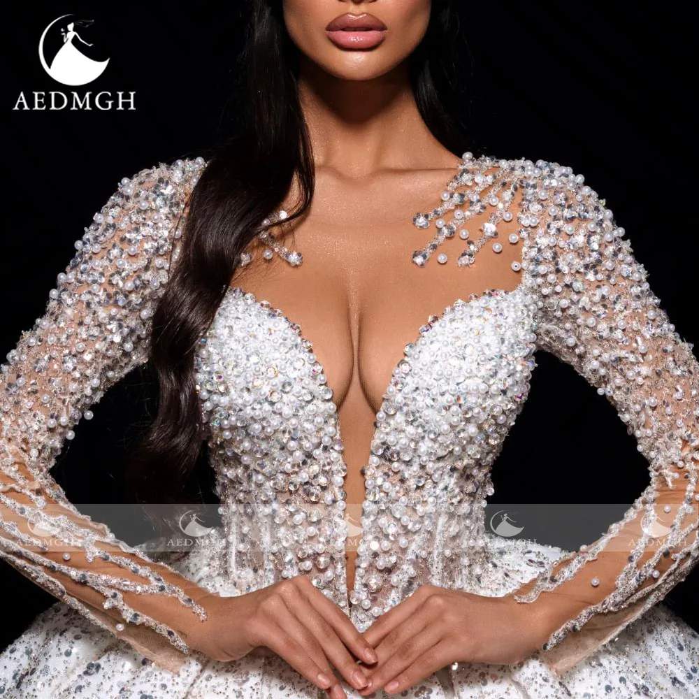 Фото Бальное платье Aedmgh, роскошные свадебные платья, зубчатое платье Vestido De Novia, кружевное, расшитое бисером и блестками, королевское винтажное свадебное платье на заказ №5