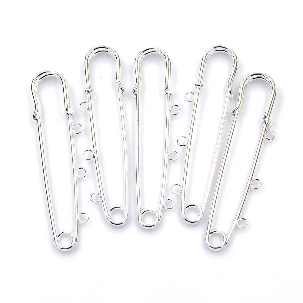 

10Pcs Brooches Safety Pins Support De Broche Silver Plated 3 Holes Alloy Jewelry DIY Finding Charms 7x2cm