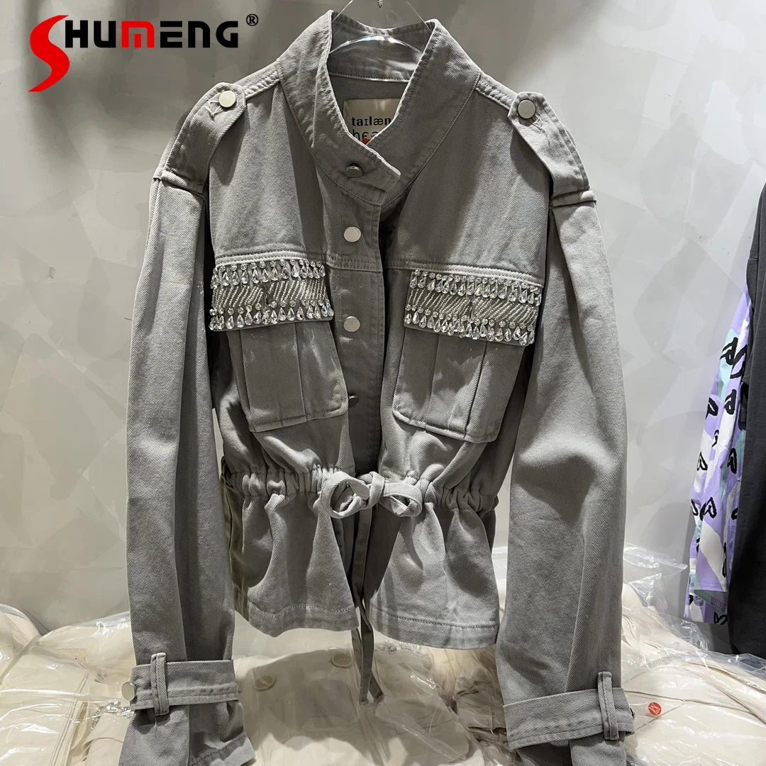 

2022 Spring New Vintage Handmade Rhinestones Cropped Denim Jackets Lady Locomotive Stand Collar Single-Breasted Gray Jean Jacket