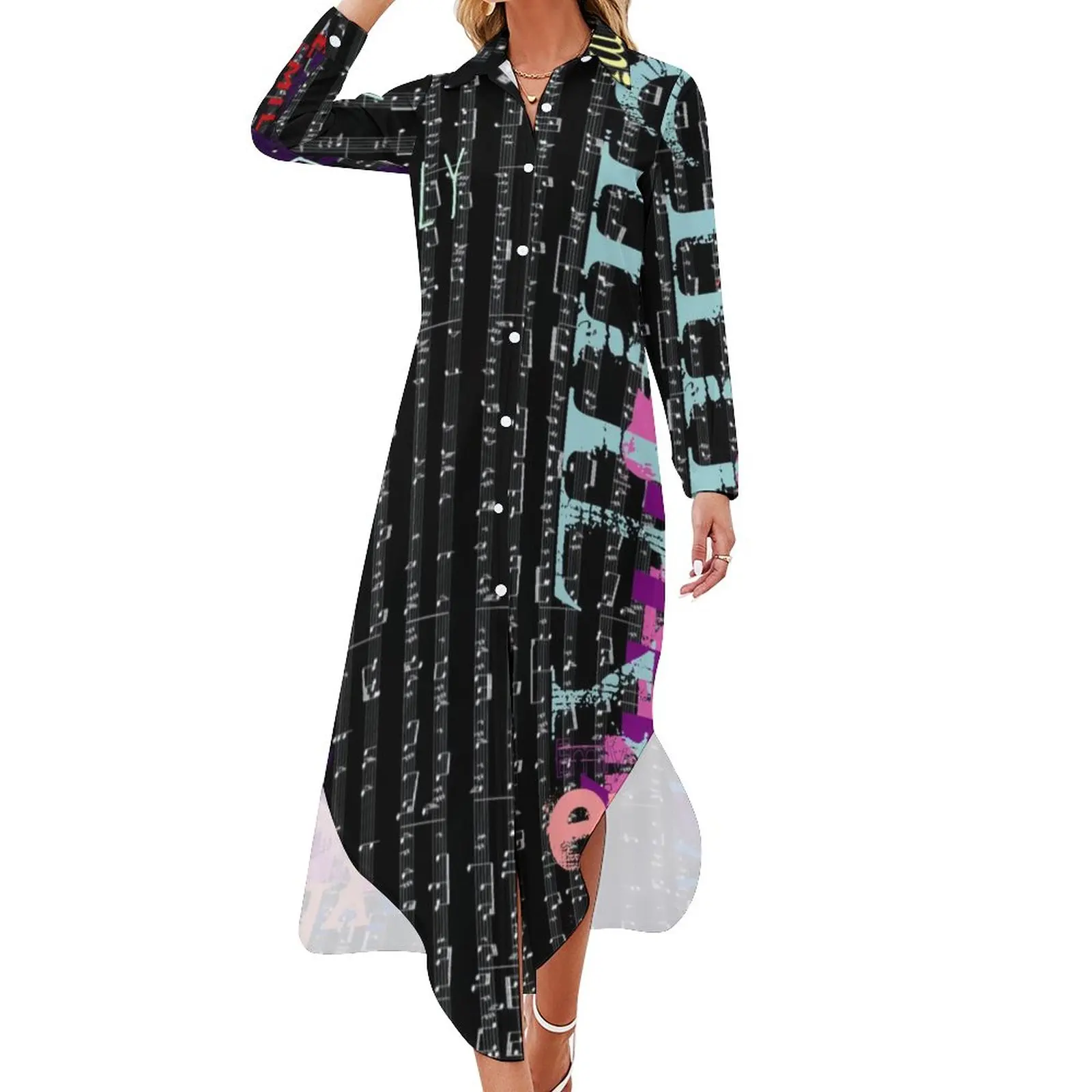 

Word Graffiti Casual Dress Music Notes Print Street Style Dresses Long Sleeve Modern Lady V Neck Graphic Oversized Chiffon Dress