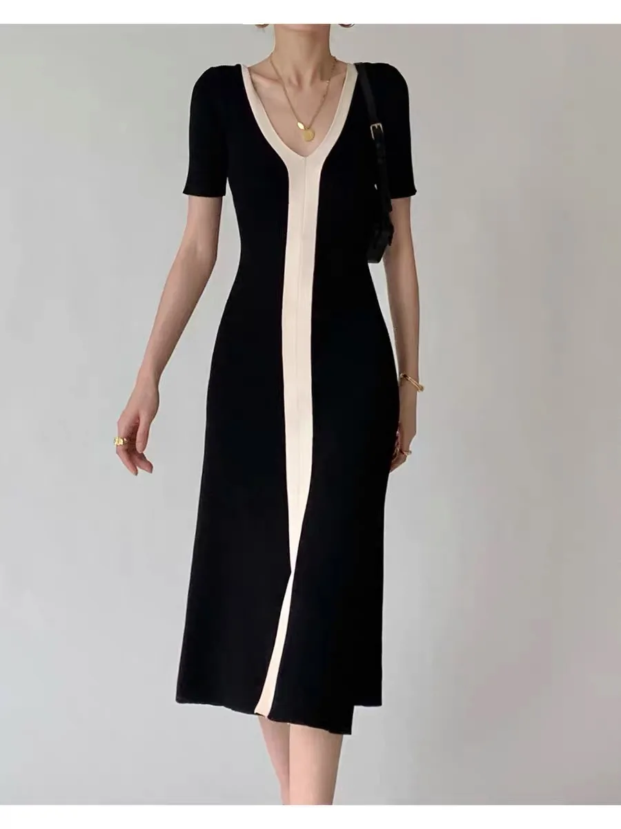 

Женское длинное трикотажное платье, повседневное элегантное винтажное платье черного и белого цвета с коротким рукавом, облегающее платье-...