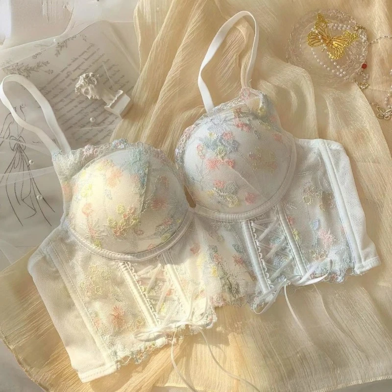 

Sexy Embroidery Lace Push Up Bras French No-wired Comfortable Camisole Underwear Women Bra Corset Crop Top Vest Lingerie
