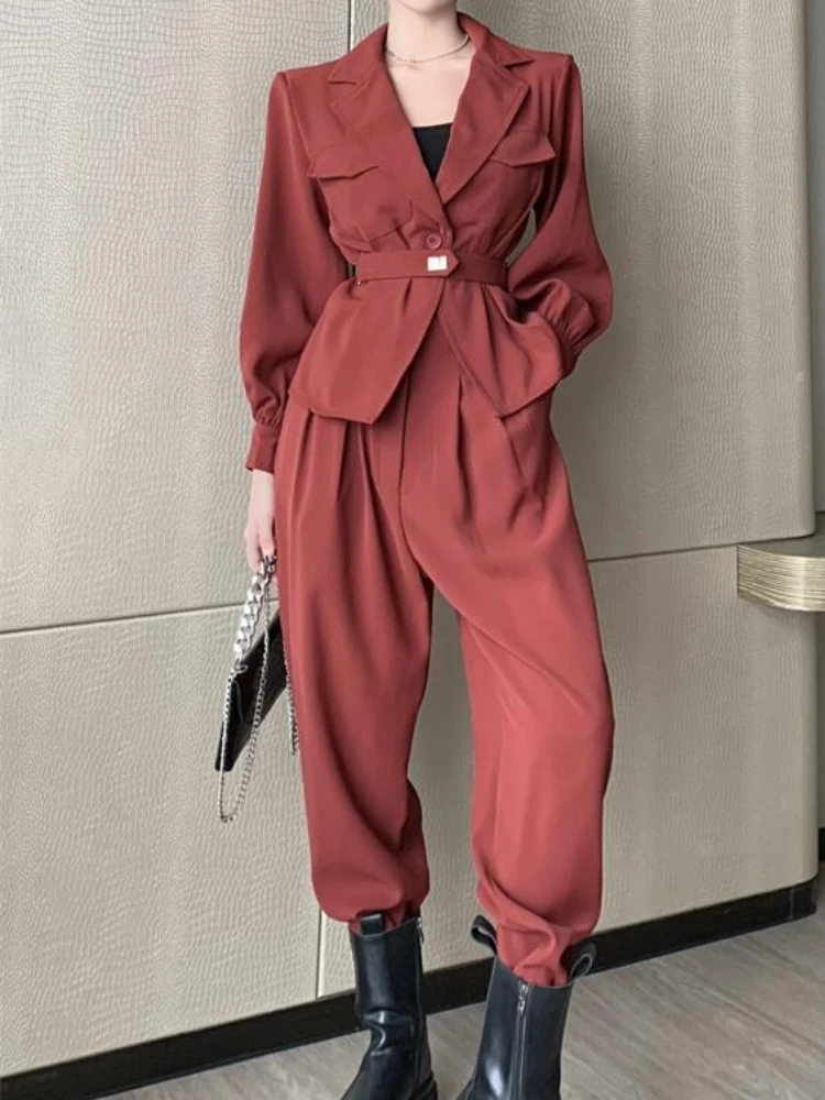 

Женский весенний повседневный комплект из 2 предметов с блейзером, куртка с длинными рукавами + штаны-шаровары, женский модный деловой костюм с брюками, Дамская одежда