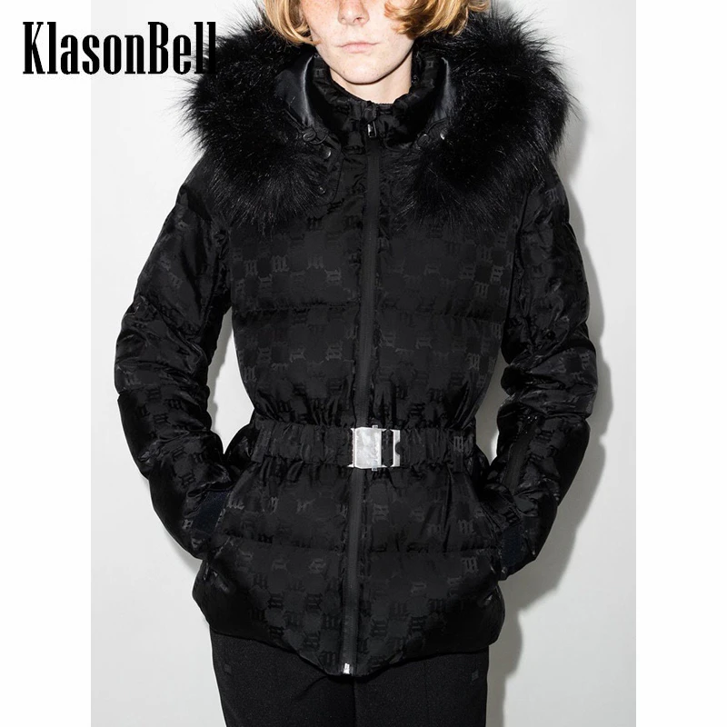 

10.10 KlasonBell Jacquard Letter Fur Hooded With Belt Keep Warm Zipper Down Coat Women