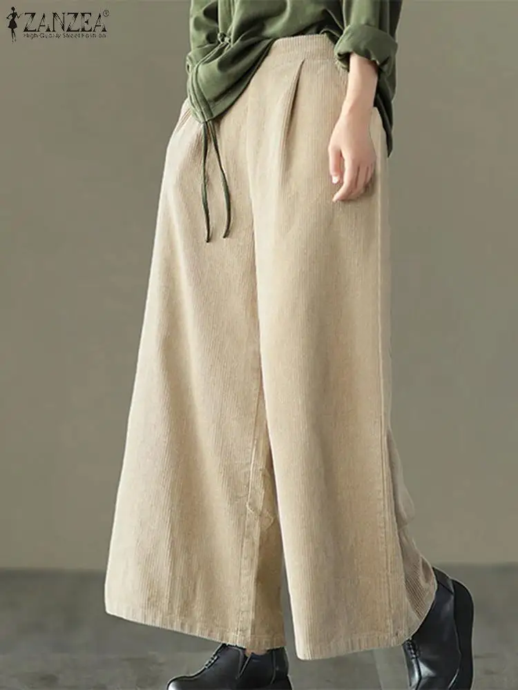 

Женские теплые брюки ZANZEA, повседневные свободные вельветовые длинные брюки, Осенние эластичные Широкие брюки с высокой талией, мешковатые брюки большого размера