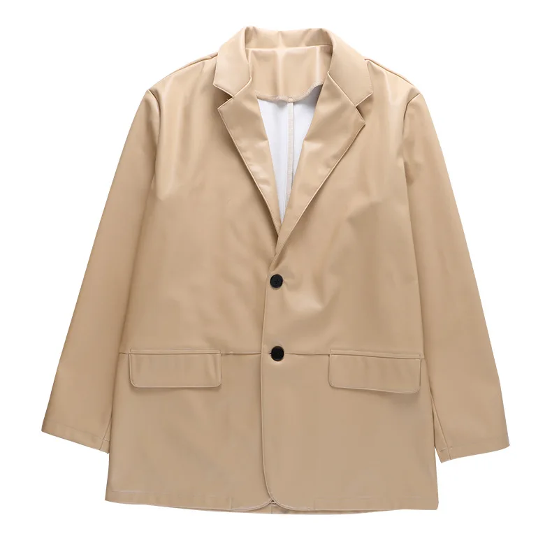 Women's New  Fashion Imitation Leather Suit Collar Single-breasted Temperament Long-sleeved Pu Jacket Leather Jacket Women