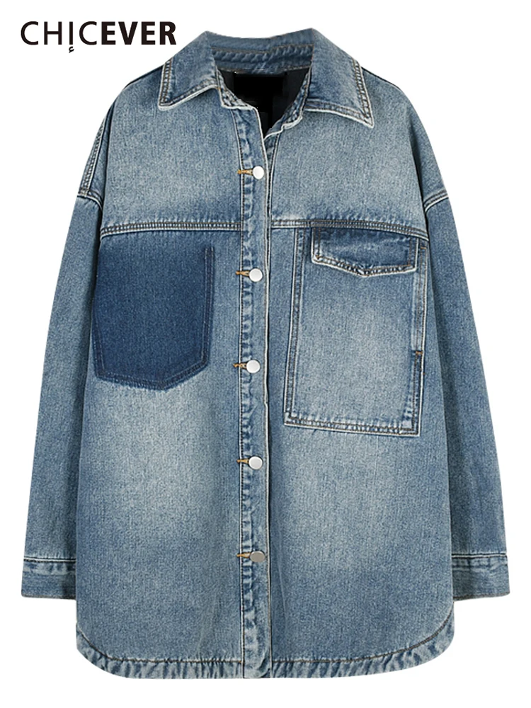 

CHICEVER Denim Shirt For Women Lapel Long Sleeve Patchwork Single Breasted Casual Loose Blouse Female Autumn Clothing Fashion