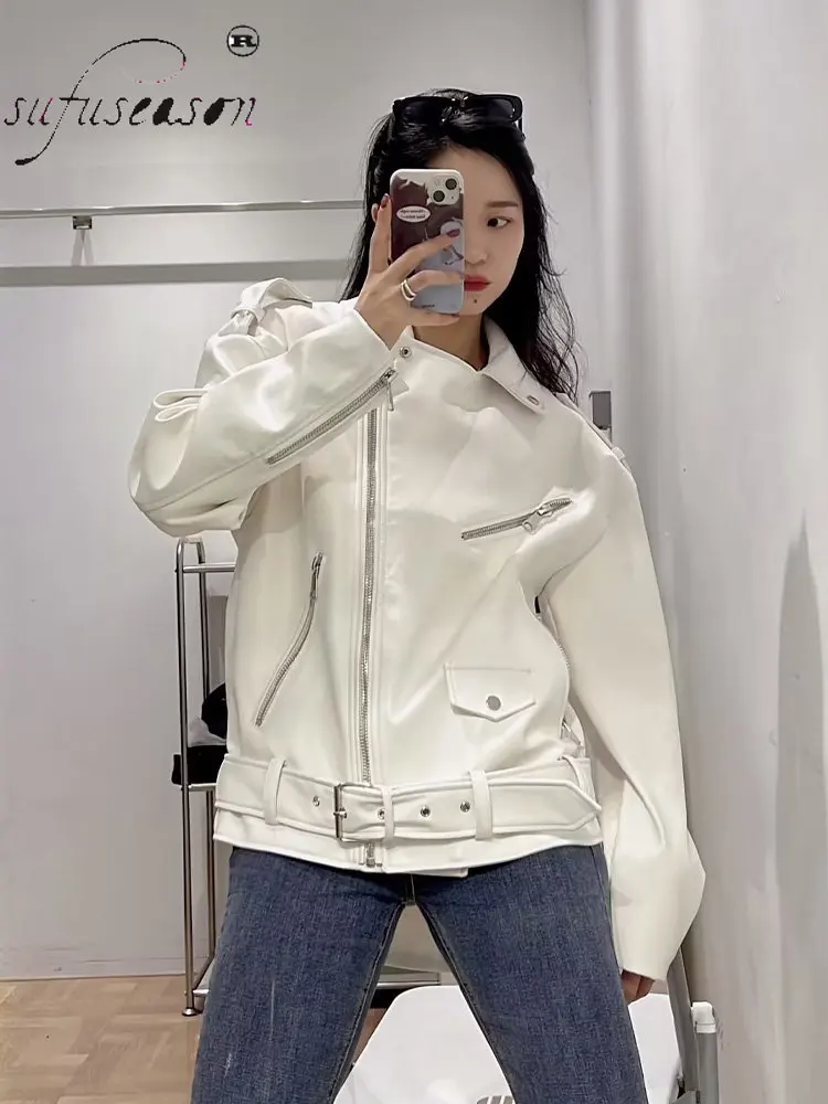 Belt Motorcycle Leather Jackets for Winter Women PU Black Leather Coat Heavy White Casual 2022 New In Clothing Traf Za  Stylish