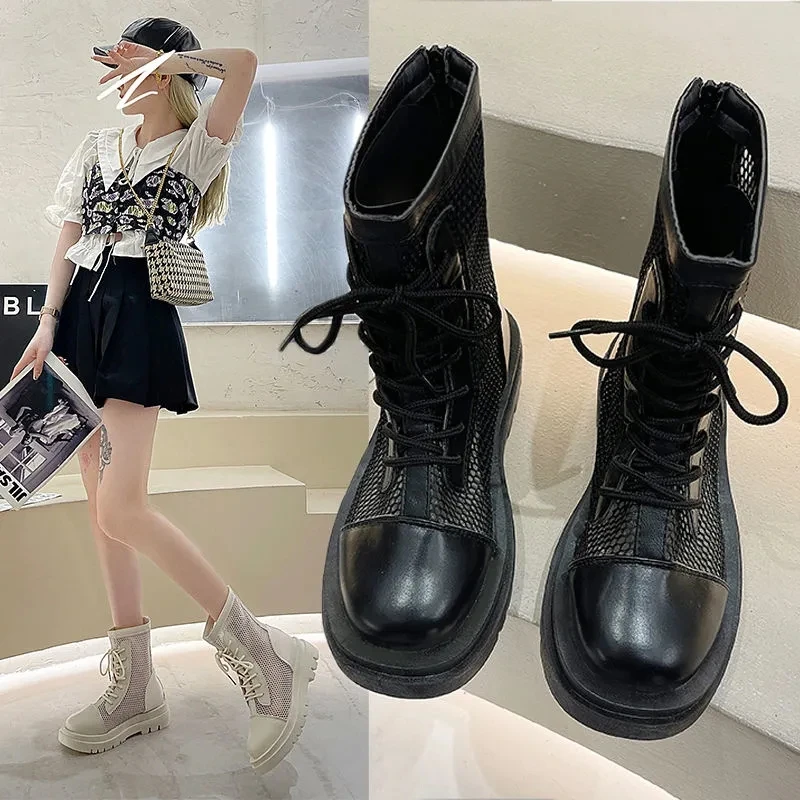 

Summer Breathable Mesh Ankle Boots for Women Fashion Zip Lace Up Casual Shoes Woman Flat Platform Cool Boots Shoes Woman Boots