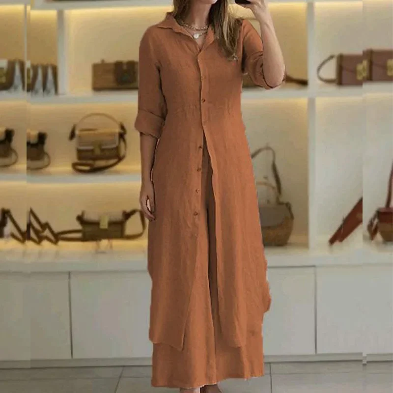 Женский брючный костюм из 2 предметов повседневный элегантный хлопка и льна на